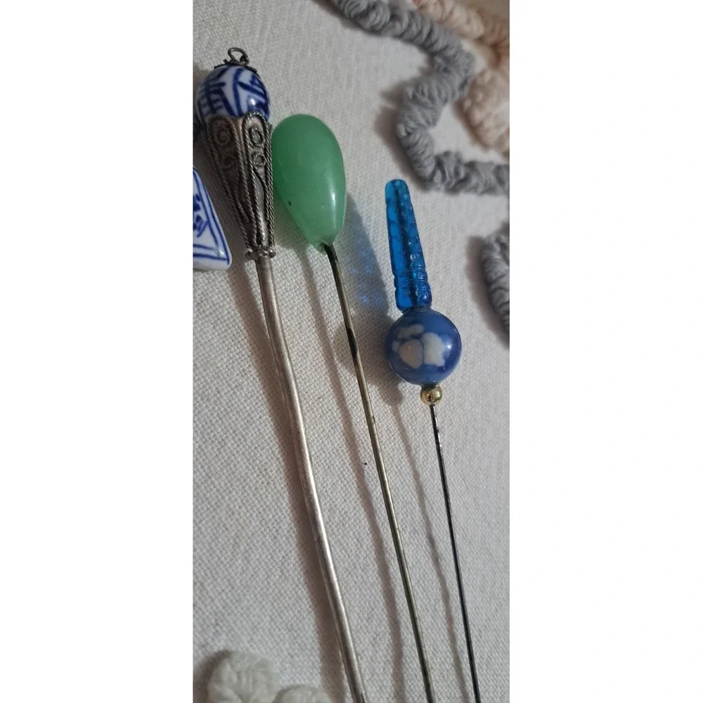 Lot Of 15 Antique Hatpins Jade Glass Lucite Porcelain Cloisonné